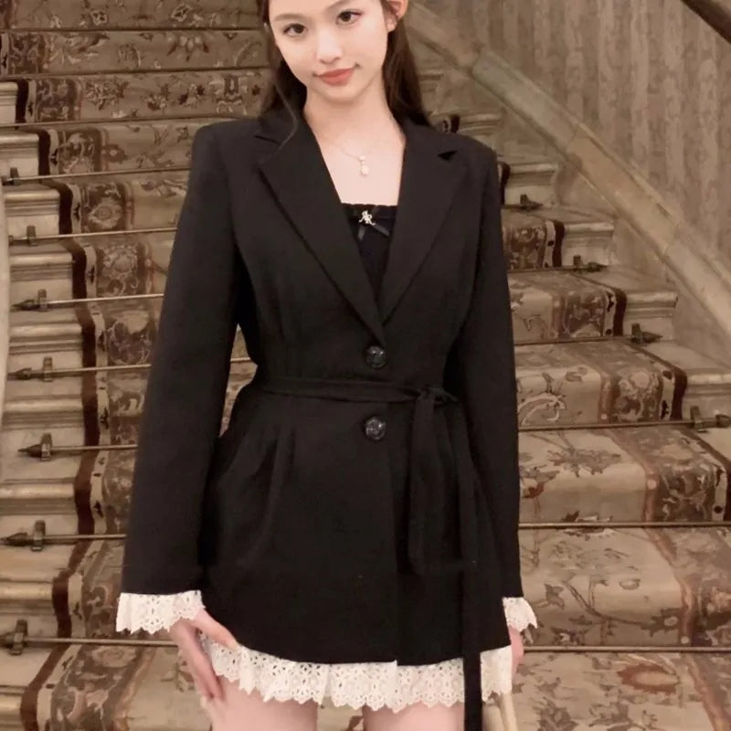 Elegant Black Suit Dress Women Lace Patchwork Blazer Dress Turn-down Collar Slim Korean Fashion Y2K Autumn New Mini Vestidos