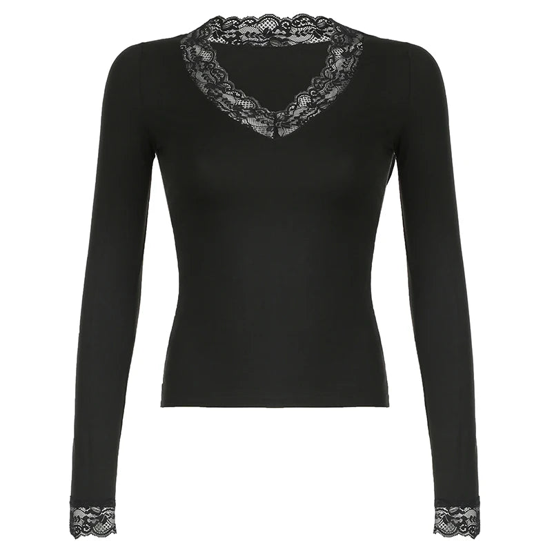 Camiseta de encaje negro con cuello en V para mujer, lisa, ajustada, básica, de manga larga, combina con todo, otoño, nueva