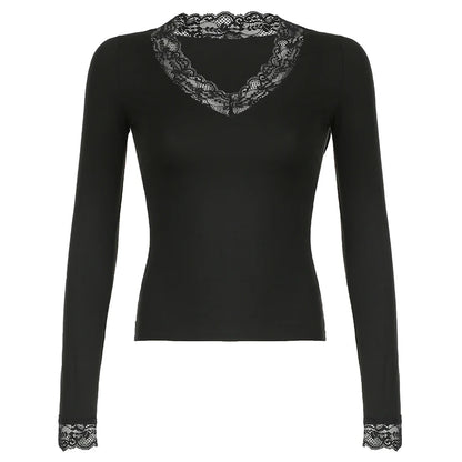 Camiseta de encaje negro con cuello en V para mujer, lisa, ajustada, básica, de manga larga, combina con todo, otoño, nueva