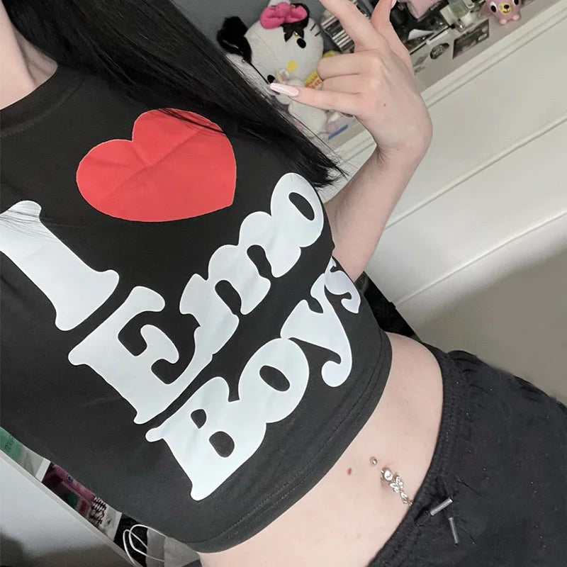 Camiseta estampada Y2K, nueva camiseta informal de moda de manga corta, top corto de verano, camiseta electrónica sexy para chica, ropa para mujer