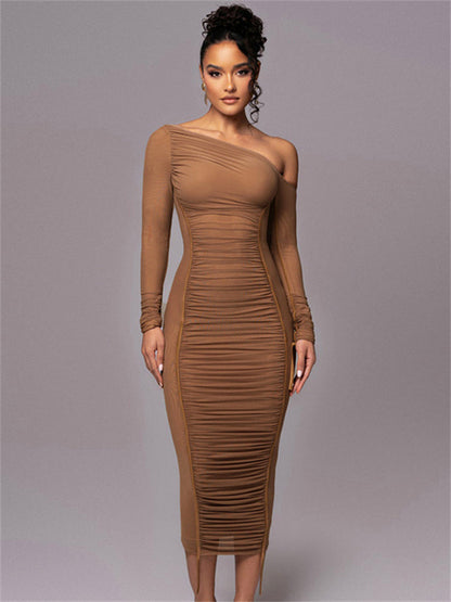 White Mesh Off-Shoulder Maxi Dress Female Long Sleeve Patchwork Fashion Contrast Summer Backless Ladies Party Long Dress