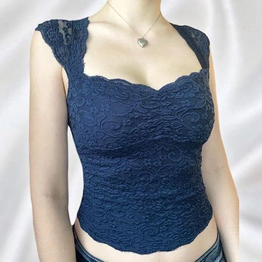 Camiseta sin mangas de encaje floral azul Fairycore Y2K para mujer, estilo lechero, estilo vintage de los años 90, cuello cuadrado, corte entallado, estilo retro chic, top corto bonito
