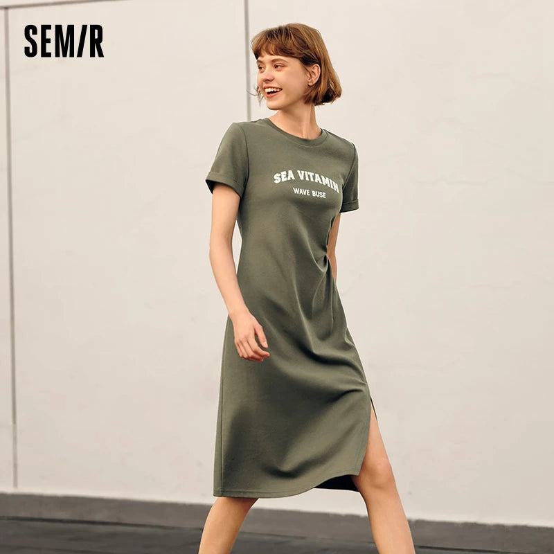 Dress Women Vintage Casual Midi Dress  Summer New Letter Print Split T-Shirt Dress