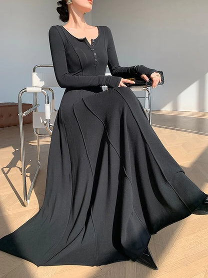 Vestidos casuales de punto para mujer, manga larga, cuello cuadrado, corte A, vestido maxi de otoño, moda coreana, vestidos sólidos para mujer, nuevo