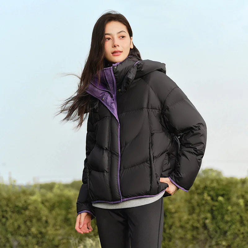 Chaqueta de plumas para mujer, suelta, con colores contrastantes, nueva chaqueta acolchada con capucha de invierno, personalidad moderna y de moda.
