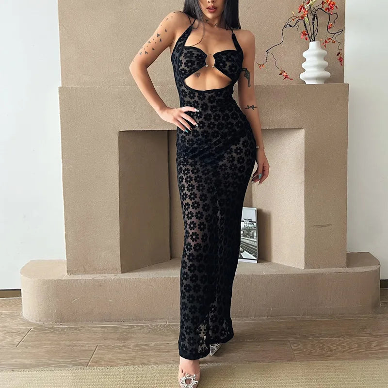 Vestido de verano Y2K para mujer, estampado floral, con aberturas, tirantes finos, sin mangas, ajustado, sexy, para fiesta de noche