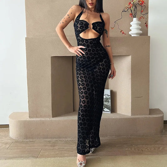y2k Summer Dress Women Floral Print Hollow Out Spaghetti Strap Sleeveless Bodycon Dresses Sexy Evening Party Dresses