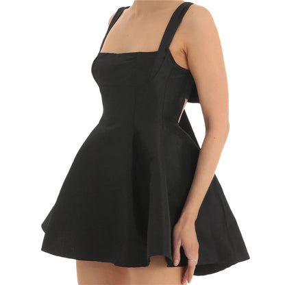 Satin Dress for Women  Summer Solid Color Square Collar Sleeveless Backless A Line Mini Dress Elegant Party Dresses