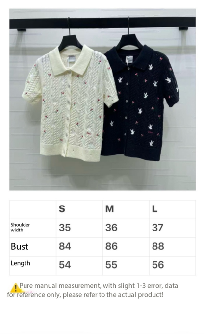 CD SS26 Embroidered Knit Polo Shirt Bird Rose Navy Blue Cashmere 351083