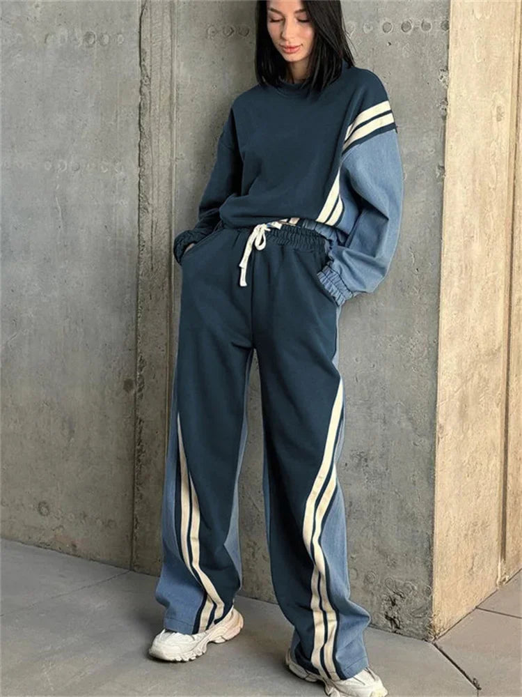 Ladies 2 Piece-Set Drawstring Trousers Contrast Lace-Up Autumn  Pullover And High Waist Women Pants Outfits Tracksuit