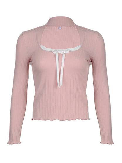 Camiseta de punto acanalada rosa dulce japonesa kawaii con lazo de encaje en contraste, cuello cuadrado, manga larga, básica, para primavera y otoño para mujer