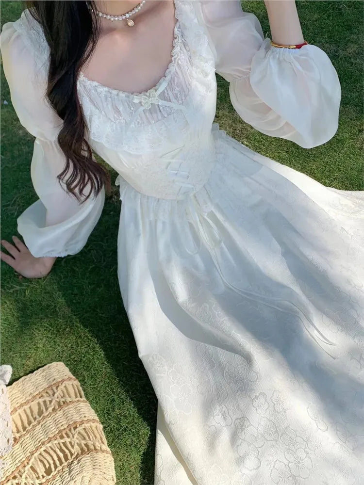 Vestido elegante de otoño para mujer, estilo princesa, para fiesta de boda, estilo coreano, Jacquard, hada, vintage, con cordones y mangas acampanadas