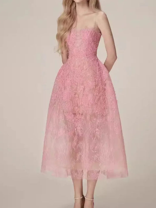 Vestido largo elegante de malla multicolor sin tirantes con encaje de lentejuelas y flores 3D de estilo coreano para mujer, primavera-verano 2025, A7877