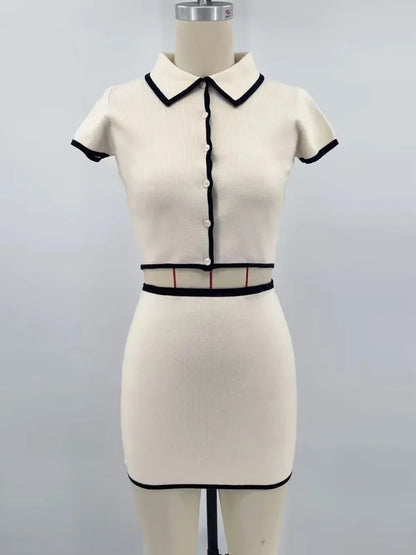 Contrast Color Knitted Mini Skirt Suit Women’s Short Sleeve T-shirt Slim High Waisted Skirts Matching Sets Casual Fashion