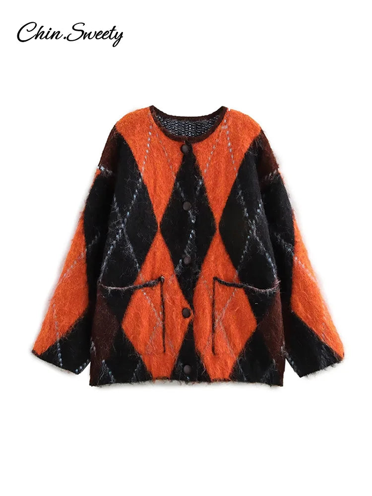 Suéter de punto de mohair con cuello redondo y contraste de colores para mujer, estampado geométrico, manga larga, holgado, de un solo pecho, prenda de punto para mujer, top que combina con todo