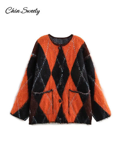 Suéter de punto de mohair con cuello redondo y contraste de colores para mujer, estampado geométrico, manga larga, holgado, de un solo pecho, prenda de punto para mujer, top que combina con todo