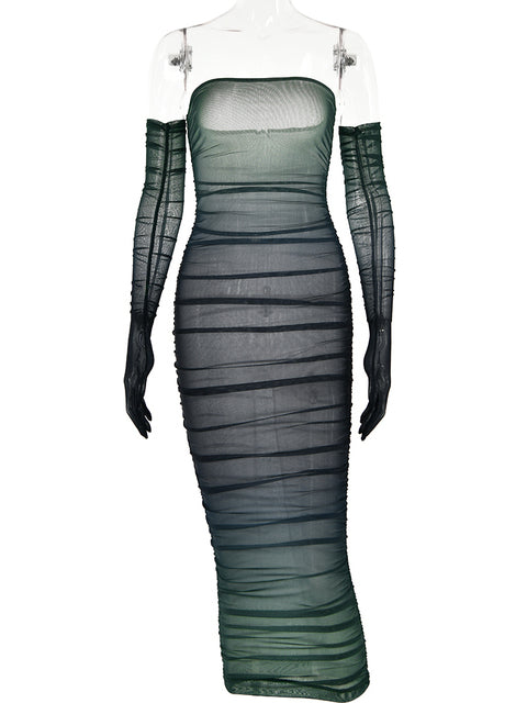 Mesh Gradient Patch Women’s Dress Modified Bodycon Strapless Split Double Layer Midi Vesidos Party Club Evening Dress