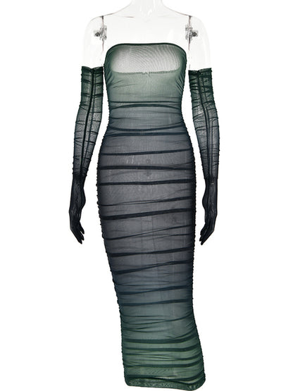 Mesh Gradient Patch Women’s Dress Modified Bodycon Strapless Split Double Layer Midi Vesidos Party Club Evening Dress