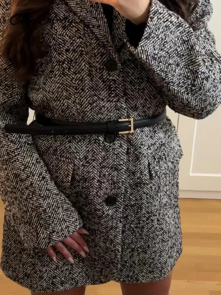 Chaqueta de invierno con cinturón para mujer, chaqueta holgada de mezcla de lana y tweed con solapa, cálida, elegante, para desplazamientos diarios