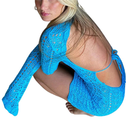 Crochet Dress Women Long Sleeve Cover Up Beach Backless Wrapped Dress Club Party Clothes y2k Bohemian Knitted Dress