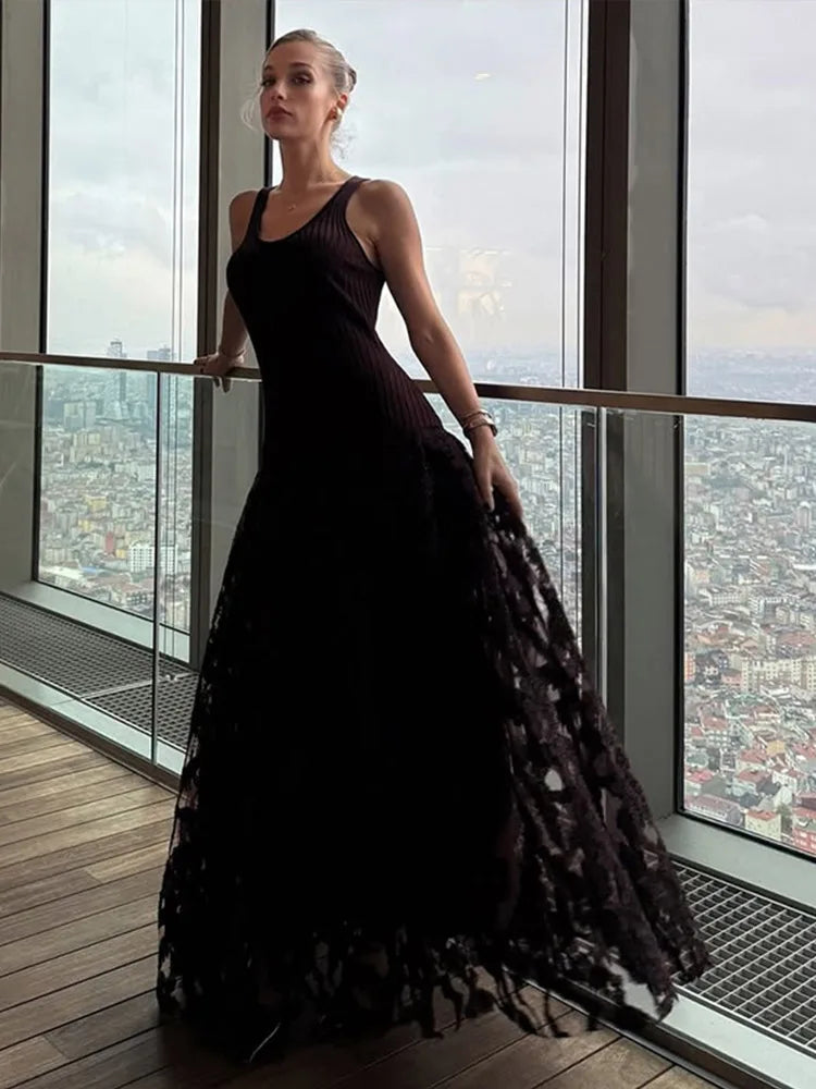 Elegant Knitted Sequin Long Dresses Women Vintage Glitter Solid O-neck Sleeveless Maxi Evening Dress Female Chic Street Party