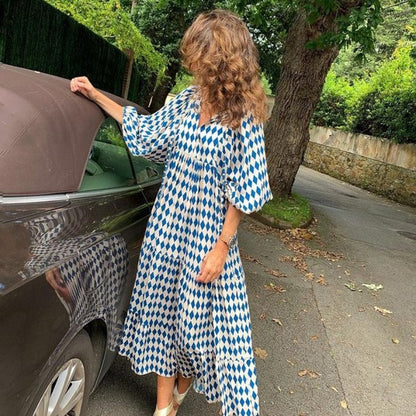 Vestido largo bohemio con mangas abullonadas para mujer, estilo vintage, elegante, informal, con estampado floral y cuello en V, holgado, para fiestas en la playa