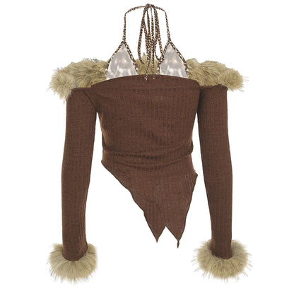 Blusas de otoño de manga larga con cuello halter falso de dos piezas para mujer, de moda, con retazos y cuello falso