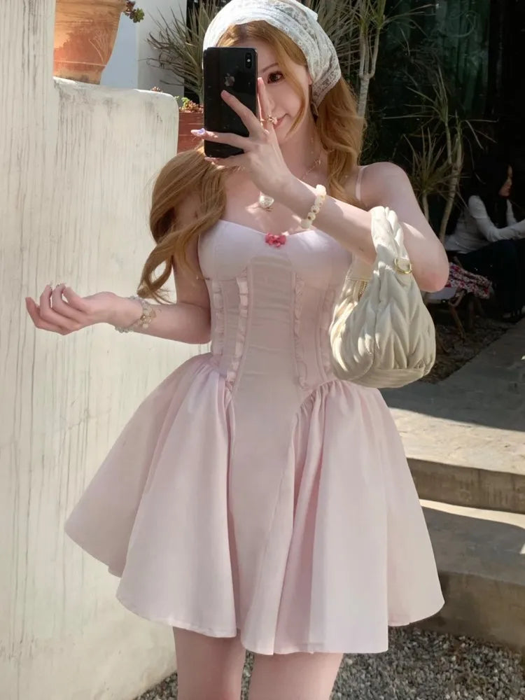 Vestidos cortos de princesa ajustados Y2K para mujer, vestido de verano con tirantes finos, corsé, línea A, liso, para fiesta de cumpleaños y graduación