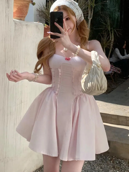 Vestidos cortos de princesa ajustados Y2K para mujer, vestido de verano con tirantes finos, corsé, línea A, liso, para fiesta de cumpleaños y graduación