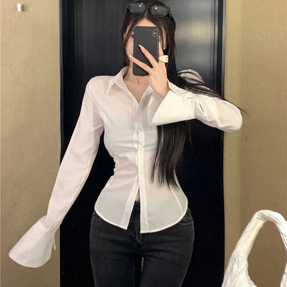 Camisas de vendaje para mujer, ropa de calle, blusas blancas acampanadas de manga larga, blusas ajustadas, moda coreana de primavera, blusas casuales con cordones negros que combinan con todo.