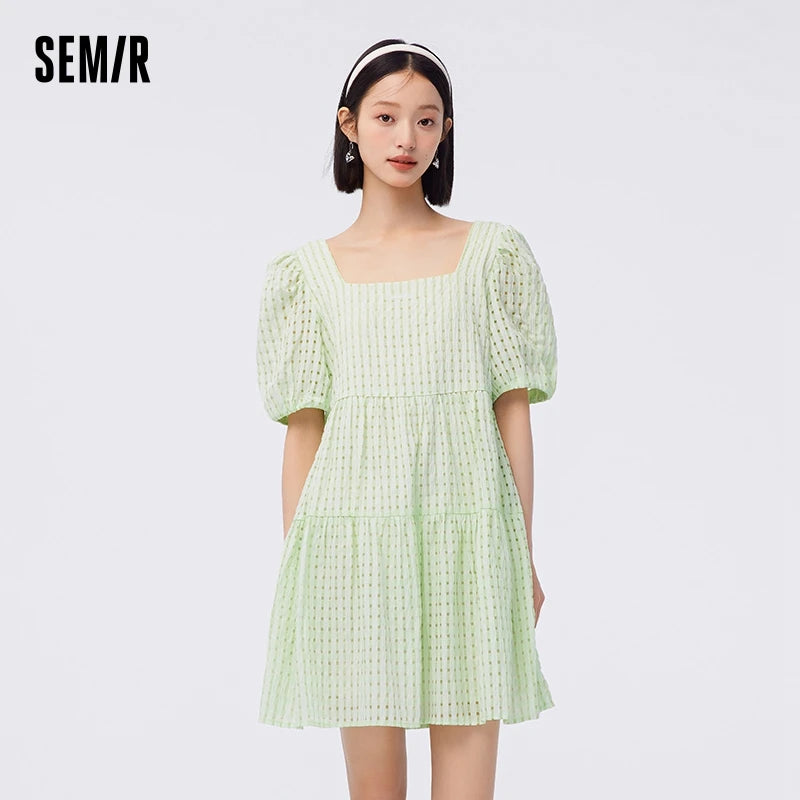 Vestido de mujer con textura a cuadros, fresco, de verano, nuevo, con cuello cuadrado, para bebé, dulce