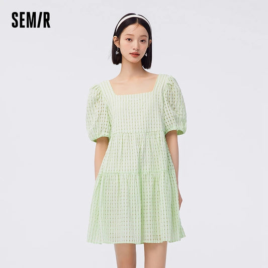 Dress Women Texture Plaid Fresh Summer New Square Neck Baby Dress Sweet