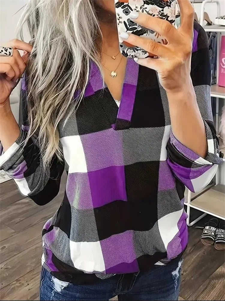 Blusas de estilo primavera-otoño para mujer, informales, de manga larga, con cuello en V y estampado a cuadros, DF5006