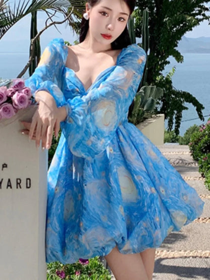 Elegante vestido corto estampado para mujer, sin espalda, estilo playero, con mangas abullonadas, corte A, floral, minivestido de una pieza para mujer