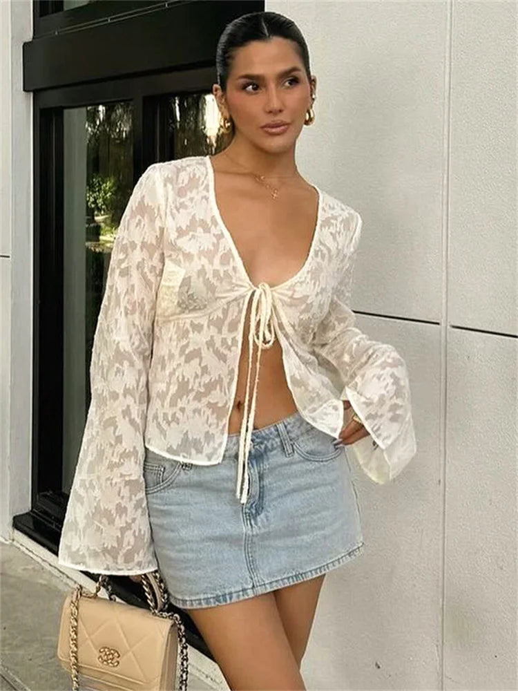 Lace Printed See-Through T-shirt Cardigan Top Female Lace-Up Patchwork Sexy Cropped Y2k Top Tee Women’s Bandage Top