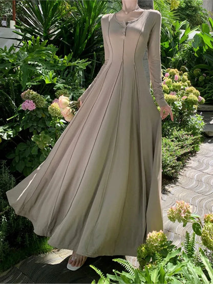 Vestidos casuales de punto para mujer, manga larga, cuello cuadrado, corte A, vestido maxi de otoño, moda coreana, vestidos sólidos para mujer, nuevo