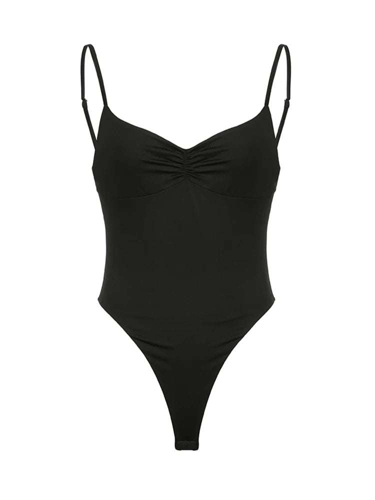 Bodys ajustados y sexys con tirantes finos y espalda descubierta para mujer, sin mangas, fruncidos, con cuello en V, camisola, bodys rave Baddie
