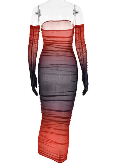 Mesh Gradient Patch Women’s Dress Modified Bodycon Strapless Split Double Layer Midi Vesidos Party Club Evening Dress