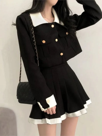 Conjuntos de falda elegante coreana de dos piezas con patchwork, mangas largas, top corto, cintura alta, minifalda plisada, otoño invierno Y2K, nuevos conjuntos