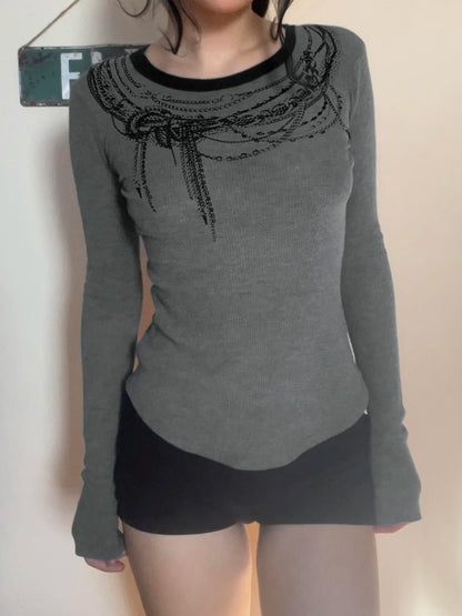 Blusas de manga larga con cuello redondo y estampado de cadena sólida para mujer, estilo gótico, punk, chic, moda de otoño, básicas y modernas.