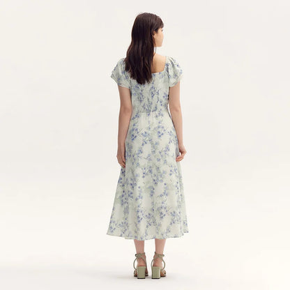 Dress Women Square Neckline Ruffled Trim And Short Flutter Sleeve  Summer New Fresh And Delicate Chiffon Floral Dress