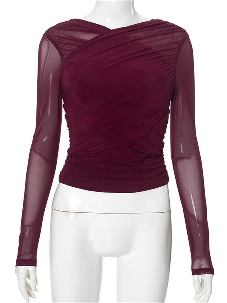 Camiseta de malla con cuello en V y retazos para mujer, top liso de manga larga, estilo Y2k, top sexy para mujer para otoño