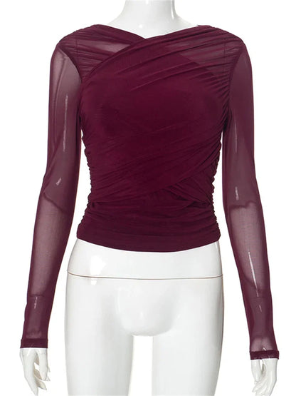 Camiseta de malla con cuello en V y retazos para mujer, top liso de manga larga, estilo Y2k, top sexy para mujer para otoño