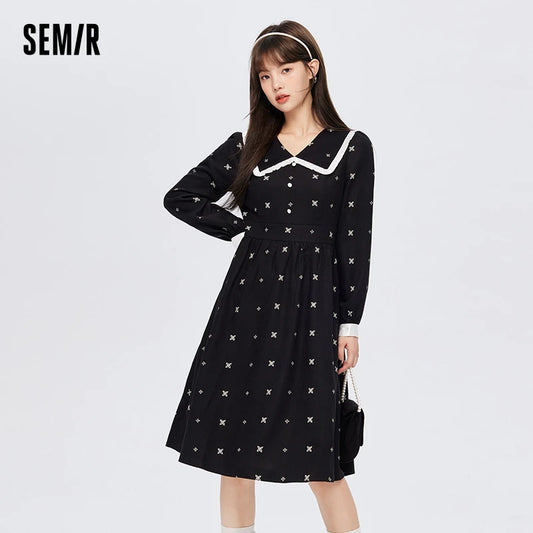 Dress Women Puff Sleeve Full Print Black Dress  Winter New Lace Lapel Temperament Dress