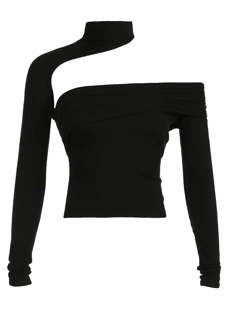 Camiseta asimétrica con corte sexy y gargantilla para mujer, negra, ajustada, con hombros descubiertos, manga larga, tops de calle para rave y Baddie