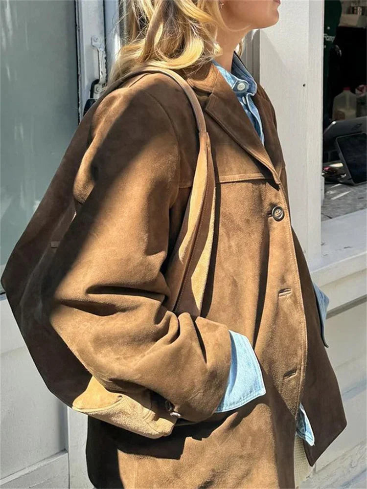 Chaquetas de bolsillo de moda vintage para mujer, abrigo de invierno con solapa para la calle, elegante y liso para el día a día.