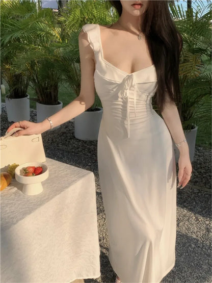 Vestidos de punto con tirantes finos para mujer, con cordones, ajustados, lisos, cuello cuadrado, elegantes, sexis, moda coreana, nuevos vestidos para mujer