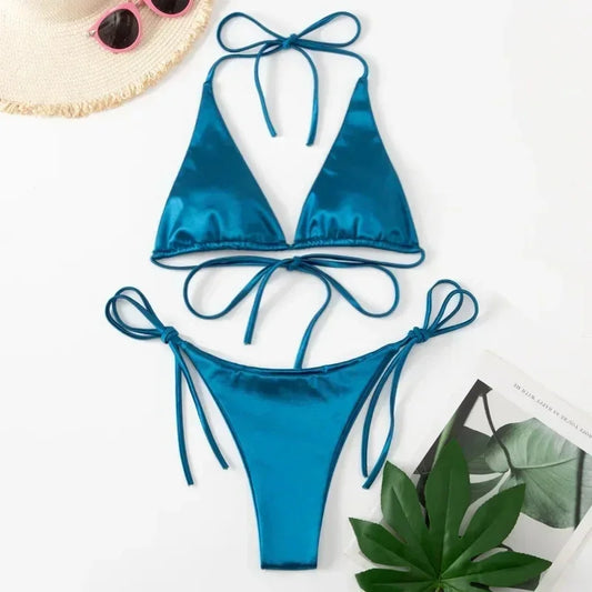 Sexy Women’s Metallic Halter Top Two Piece Swimsuit Tie Side Triangle Bikini Summer Solid Bathing Suit Beachwear Bikini Set