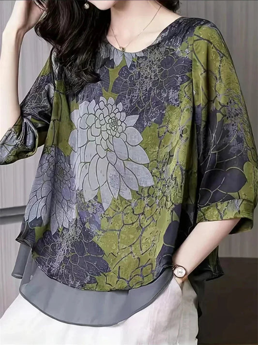 Blusas de verano para mujer, camisas casuales de gasa con cuello redondo y media manga