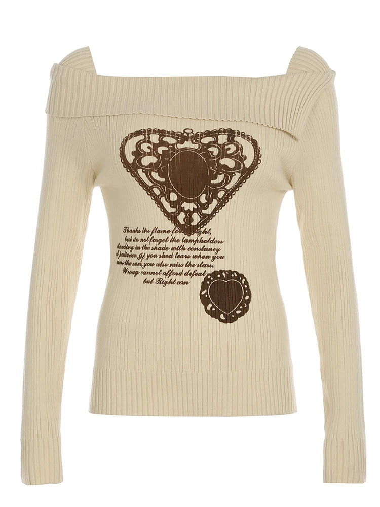 Suéter blanco de otoño e invierno para mujer, nuevo jersey de manga larga Y2k con estampado de corazón retro y hombros descubiertos, jersey ajustado y sexy